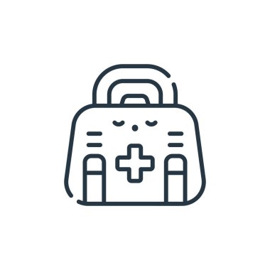 Beyzbol konseptindeki ilk yardım çantası ikonu vektörü. İlk yardım çantasının düzenlenebilir vuruşunun ince çizgisi. Web ve mobil uygulamalarda kullanmak için ilk yardım kiti doğrusal işareti, logo, yazdırma ortamı.