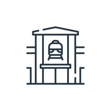 Tren istasyonu ikon vektörü toplu taşıma konseptinden. Tren istasyonu düzenlenebilir vuruşunun ince bir çizgisi. Web ve mobil uygulamalarda kullanmak için tren istasyonu doğrusal işareti, logo, yazdırma ortamı.