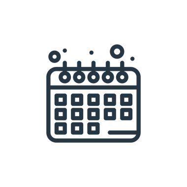 Gıda konseptinden takvim ikonu vektörü. Takvim düzenlenebilir vuruşunun ince çizgisi. Web ve mobil uygulamalarda kullanmak için takvim doğrusal işareti, logo, yazdırma ortamı.