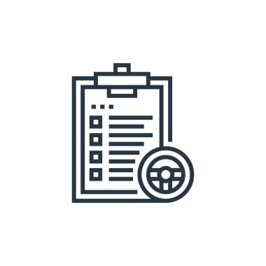 Sürüş okulu konseptinden sürücü test ikonu vektörü. Ehliyet sınavının düzenlenebilir vuruşunun ince çizgisi. Web ve mobil uygulamalarda kullanmak için sürücü doğrusal test işareti, logo, yazdırma ortamı.