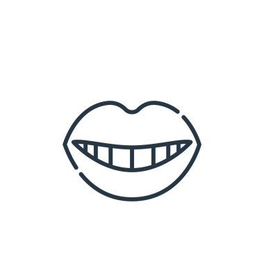 Gülümseme ikonu, dişçi konseptinden. Düzenlenebilir gülümseme vuruşunun ince bir çizgisi. Web ve mobil uygulamalarda kullanmak için gülümseme doğrusal işareti, logo, yazdırma ortamı.