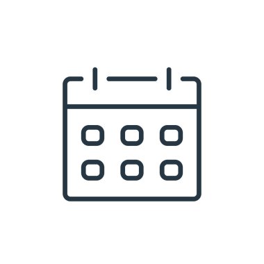 İletişim konseptinden takvim simgesi vektörü. Takvim düzenlenebilir vuruşunun ince çizgisi. Web ve mobil uygulamalarda kullanmak için takvim doğrusal işareti, logo, yazdırma ortamı.