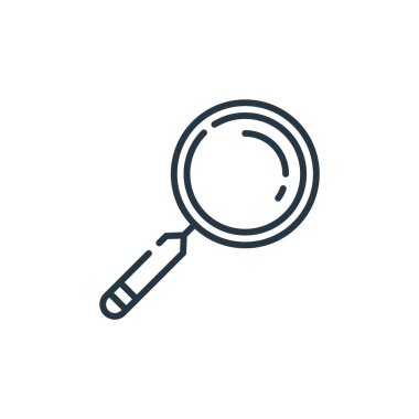 Ofis kavramından cam ikon vektörü büyütüyorum. İnce çizgili cam düzeltilebilir felç çizgisi. Web ve mobil uygulamalar, logo ve yazdırma ortamlarında kullanmak için büyüteç doğrusal işareti.