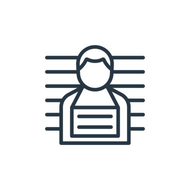 Suç konseptinden sabıka fotoğrafı ikonu vektörü. İnce çizgili resimli, düzenlenebilir inme. Web ve mobil uygulamalarda kullanmak için sabıka fotoğrafı lineer işareti, logo, yazdırma ortamı.