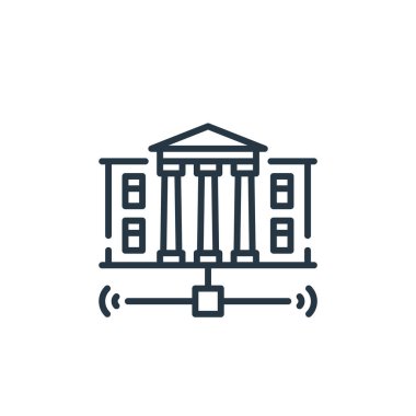 Akıllı şehir konseptinden belediye meclisi ikonu vektörü. Belediye binasının düzenlenebilir vuruşunun ince bir çizgisi. Web ve mobil uygulamalar, logo ve yazdırma ortamlarında kullanım için belediye binası doğrusal işareti.