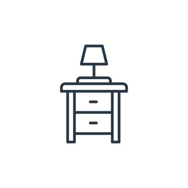 Mobilya konseptinden bir komodinin simgesi. Nightstand 'ın düzenlenebilir vuruşunun ince çizgisi. Web ve mobil uygulamalarda, logoda ve yazdırma ortamında kullanmak için Nightstand doğrusal işareti.