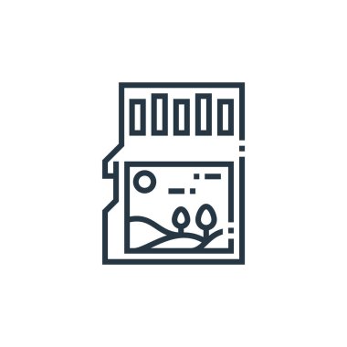 Fotoğraf konseptinden hafıza kartı ikonu vektörü. Hafıza kartı düzenlenebilir vuruşunun ince çizgisi. Web ve mobil uygulamalarda kullanmak için bellek kartı doğrusal işareti, logo, yazdırma ortamı.