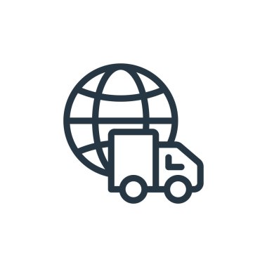 Ecommerce alışveriş konseptinden dünya çapında alışveriş ikonu vektörü. Dünya çapında düzenlenebilir bir alışveriş vuruşunun ince bir çizgisi. İnternet ve mobil uygulamalarda kullanım için dünya çapında alışveriş lineer işareti, logo, 