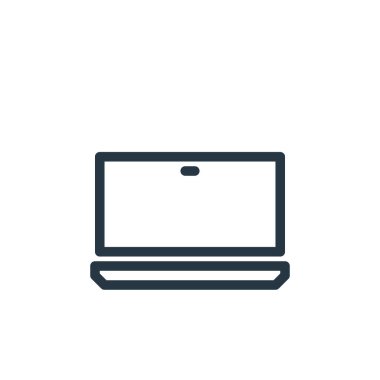 İletişim ve medya konseptinden dizüstü bilgisayar ikonu vektörü. Dizüstü bilgisayarın düzenlenebilir vuruşunun ince çizgisi. Web ve mobil uygulamalarda kullanmak için dizüstü bilgisayar doğrusal imzası, logo, yazdırma ortamı.