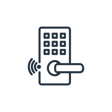Bu şeyin internet konseptinden kapı kilidi ikonu vektörü. Kapı kilitlenebilir darbenin ince bir çizgisi. Web ve mobil uygulamalarda kullanım için kapı kilidi doğrusal işareti, logo, yazdırma ortamı.