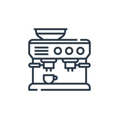 Restoran konseptinden kahve makinesi ikonu vektörü. Düzenlenebilir kahve makinesinin ince çizgisi. Web ve mobil uygulamalarda kullanmak için kahve makinesi doğrusal işareti, logo, yazdırma ortamı.