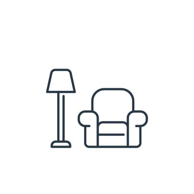 İç dizayn konseptinden oturma odası ikon vektörü. Oturma odasındaki düzenlenebilir felcin ince bir çizgisi. İnternet ve mobil uygulamalar, logo ve yazdırma ortamlarında kullanım için oturma odası doğrusal işareti.