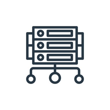 Pazarlama seosu iş konseptindeki sunucu simgesi vektörü. Sunucunun düzenlenebilir vuruşunun ince çizgisi. Web ve mobil uygulamalarda kullanmak için sunucu doğrusal işareti, logo, yazdırma ortamı.