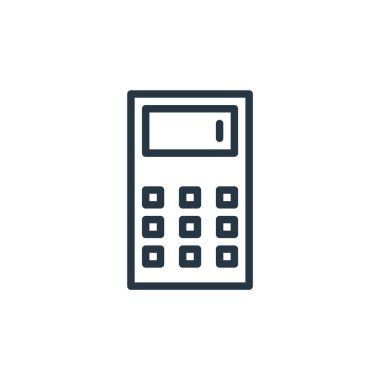 Ofis kavramında çalışan hesap makinesi ikon vektörü. Hesap makinesinin düzenlenebilir vuruşunun ince çizgisi. Web ve mobil uygulamalarda kullanmak için hesap makinesi doğrusal işareti, logo, yazdırma ortamı.