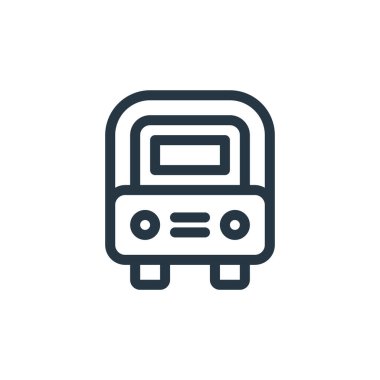 Eğitim konseptindeki okul otobüsü ikonu vektörü. Okul otobüsü inmesinin ince bir çizgisi. Web ve mobil uygulamalarda kullanım için okul servisi doğrusal işareti, logo, yazdırma ortamları.