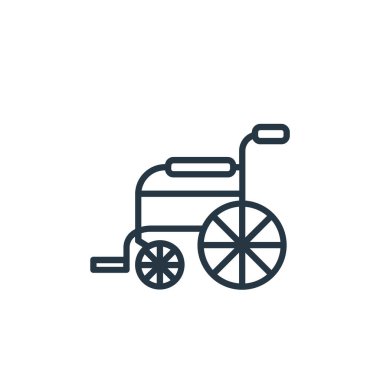 Sağlık konseptinden tekerlekli sandalye ikonu vektörü. Tekerlekli sandalye inmesinin ince bir çizgisi. Web ve mobil uygulamalarda kullanmak için tekerlekli sandalye doğrusal işareti, logo, yazdırma ortamı.