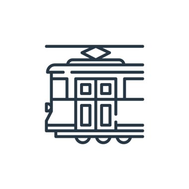 Toplu taşıma konseptinden tramvay ikonu vektörü. Tramvay inmesinin ince bir çizgisi. Web ve mobil uygulamalarda kullanmak için tramvay doğrusal işareti, logo, yazdırma ortamı.