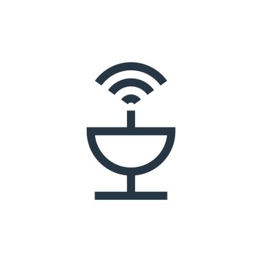 Kablosuz teknoloji konseptinden uydu anten ikonu vektörü. Uydu anteninin düzenlenebilir vuruşunun ince çizgisi. Web ve mobil uygulamalarda kullanmak için uydu çanak anten doğrusal işareti, logo, yazdırma ortamı.