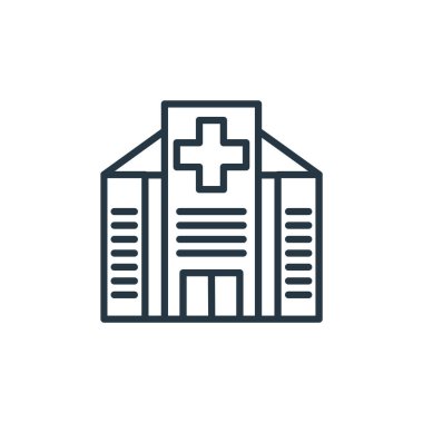 Sağlık konseptinden hastane ikonu vektörü. Hastane felcinin ince bir çizgisi. İnternet ve mobil uygulamalarda kullanım için hastane doğrusal işareti, logo, yazdırma medyası.