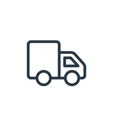 Ecommerce alışveriş konseptinden nakliye kamyonu ikonu vektörü. İnce çizgili, düzenlenebilir kamyon felci çizgisi. Web ve mobil uygulamalarda kullanım için dağıtım kamyonu doğrusal işareti, logo, yazdırma ortamı.