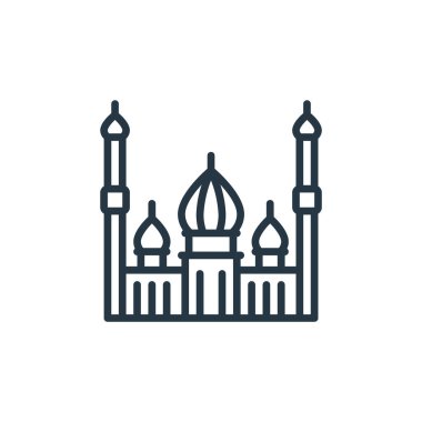 Ramazan 'daki cami ikonu vektörü. Cami felcinin ince bir çizgisi. Web ve mobil uygulamalarda kullanmak için cami doğrusal işareti, logo, yazdırma ortamı.