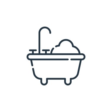 Temizlik rutininden kalma küvet ikonu vektörü. Düzenlenebilir küvet felcinin ince bir çizgisi. Web ve mobil uygulamalarda kullanmak için küvet doğrusal işareti, logo, yazdırma ortamı.
