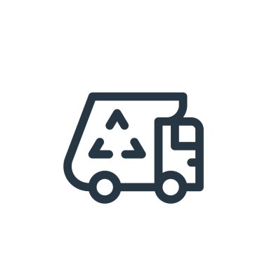 Sürdürülebilir enerji kavramının çöp arabası ikonu vektörü. Çöp arabasının düzenlenebilir vuruşunun ince bir çizgisi. Web ve mobil uygulamalar, logo ve yazdırma ortamlarında kullanmak için çöp arabası doğrusal işareti.