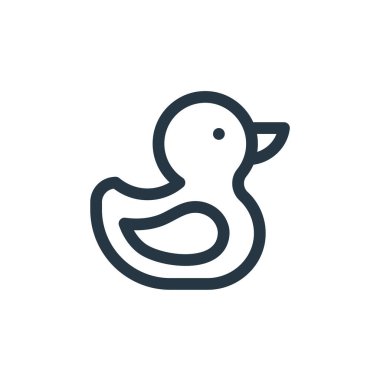 Bebek partisi konseptinden plastik ördek ikonu vektörü. Kauçuk ördek inmesinin ince bir çizgisi. ağ ve mobil uygulamalarda kullanmak için kauçuk ördek doğrusal işareti, logo, yazdırma ortamı.