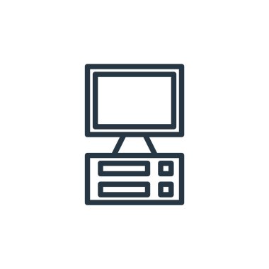 Bilgisayar donanımı kavramından masaüstü bilgisayar simgesi vektörü. Masaüstü düzenlenebilir felcin ince çizgisi. Web ve mobil uygulamalarda kullanmak için masaüstü bilgisayar doğrusal işareti, logo, yazdırma 