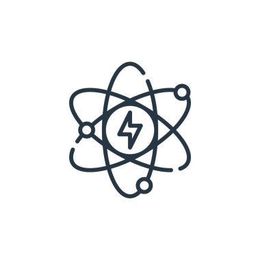 Sürdürülebilir enerji kavramından atom ikonu vektörü. Atom düzenlenebilir vuruşun ince çizgisi. Web ve mobil uygulamalarda kullanmak için atom doğrusal işareti, logo, yazdırma ortamı.