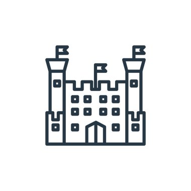 Bina konseptinden kale ikonu vektörü. Şatonun düzenlenebilir vuruşunun ince çizgisi. Web ve mobil uygulamalarda kullanmak için kale doğrusal işareti, logo, yazdırma ortamı.