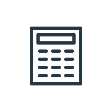 İş ve ofis konseptindeki hesap makinesi ikon vektörü. Hesap makinesinin düzenlenebilir vuruşunun ince çizgisi. Web ve mobil uygulamalarda kullanmak için hesap makinesi doğrusal işareti, logo, yazdırma ortamı.