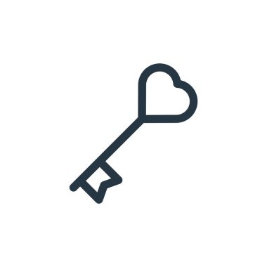 Sevgililer Günü konseptindeki anahtar ikon vektörü. Düzenlenebilir vuruşun ince çizgisi. Web ve mobil uygulamalarda kullanmak için anahtar doğrusal işareti, logo, yazdırma ortamı.