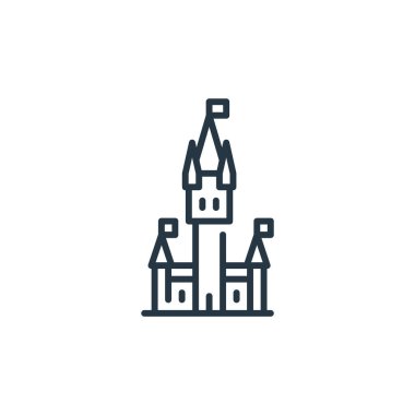 Peri masalı kavramından bir şato ikonu vektörü. Şatonun düzenlenebilir vuruşunun ince çizgisi. Web ve mobil uygulamalarda kullanmak için kale doğrusal işareti, logo, yazdırma ortamı.