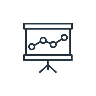 Bankacılık ve finans konseptindeki sunum simgesi vektörü. Düzenlenebilir vuruşun ince çizgisi. Web ve mobil uygulamalarda kullanmak için doğrusal sunum işareti, logo, yazdırma ortamı.