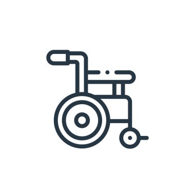 Yardım konseptinden tekerlekli sandalye ikonu vektörü. Tekerlekli sandalye inmesinin ince bir çizgisi. Web ve mobil uygulamalarda kullanmak için tekerlekli sandalye doğrusal işareti, logo, yazdırma ortamı.