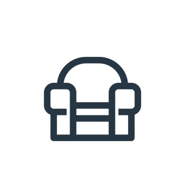 Online mağaza kategorilerindeki koltuk ikonu vektörü konsepti. Kanepe darbesinin ince bir çizgisi. İnternet ve mobil uygulamalarda kullanım için kanepe doğrusal işareti, logo, yazdırma ortamı.