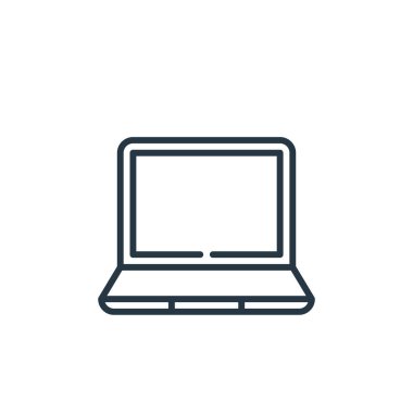 Eğitim konseptinden dizüstü bilgisayar ikonu vektörü. Dizüstü bilgisayarın düzenlenebilir vuruşunun ince çizgisi. Web ve mobil uygulamalarda kullanmak için dizüstü bilgisayar doğrusal imzası, logo, yazdırma ortamı.