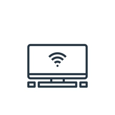 Akıllı televizyon konseptinden akıllı televizyon ikonu vektörü. Düzenlenebilir akıllı televizyon vuruşunun ince bir çizgisi. Web ve mobil uygulamalarda kullanmak için akıllı TV doğrusal işareti, logo, yazdırma ortamı.