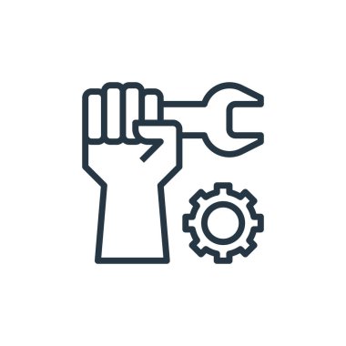 İşçi Bayramı konseptinden mekanik ikon vektörü. Düzenlenebilir mekanik felcin ince çizgisi. Web ve mobil uygulamalarda kullanmak için mekanik doğrusal işaret, logo, yazdırma ortamı.