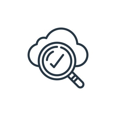 Bulut hesaplama kavramından bir simge vektörü ara. Düzenlenebilir darbenin ince çizgisi. Web ve mobil uygulamalarda kullanmak için doğrusal arama işareti, logo, yazdırma ortamı.