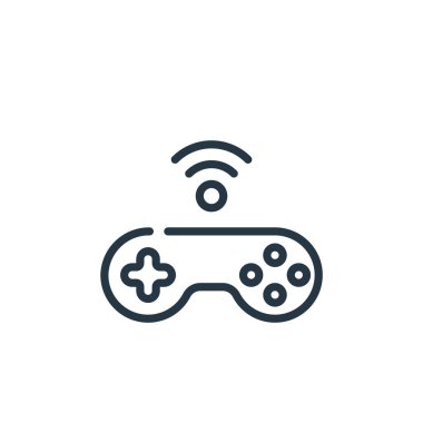 İnternet konseptinden joystick ikonu vektörü. Düzenlenebilir joystick vuruşunun ince bir çizgisi. Web ve mobil uygulamalarda kullanmak için joystick doğrusal işareti, logo, yazdırma ortamı.