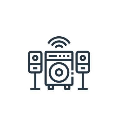 Mobilya konseptinden hoparlör ikonu. Düzenlenebilir inmenin ince çizgisi. Web ve mobil uygulamalarda kullanmak için hoparlör doğrusal işareti, logo, yazdırma ortamı.