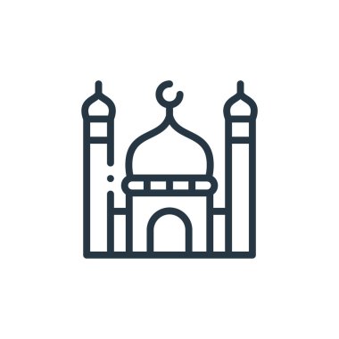 Hayırseverlik konseptinden cami ikonu. Cami felcinin ince bir çizgisi. Web ve mobil uygulamalarda kullanmak için cami doğrusal işareti, logo, yazdırma ortamı.