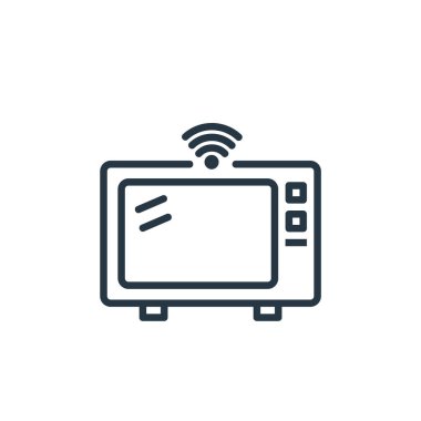 Bu şeyin internet konseptinden mikrodalga fırın ikonu vektörü. Mikrodalga fırının düzenlenebilir vuruşunun ince çizgisi. Web ve mobil uygulamalarda kullanmak için mikrodalga fırın doğrusal işareti, logo, yazdırma ortamı.