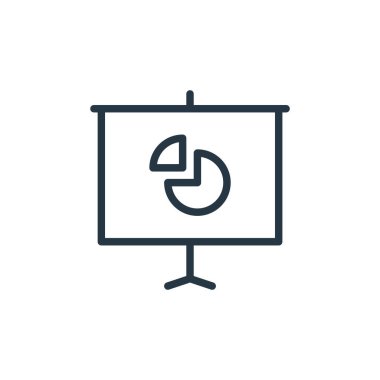 Ofis konseptinde çalışırken pasta grafiği ikonu vektörü. Pasta grafiğinin düzenlenebilir darbelerinin ince çizgisi. Web ve mobil uygulamalarda kullanmak için pasta grafiği doğrusal işareti, logo, yazdırma ortamı.