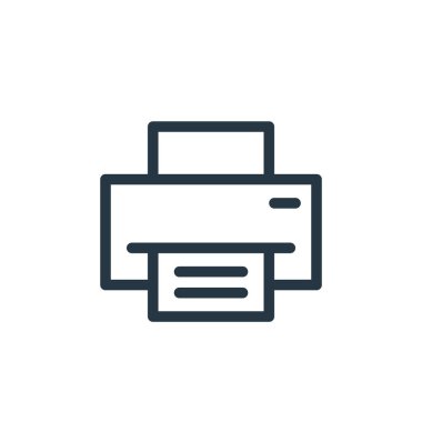 İş ve ofis konseptindeki yazıcı ikonu vektörü. Yazıcının düzenlenebilir vuruşunun ince çizgisi. Web ve mobil uygulamalarda kullanmak için yazıcı doğrusal işareti, logo, yazdırma ortamı.