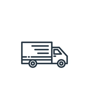 Sevkiyat lojistik konseptinden nakliye kamyonu ikonu vektörü. İnce çizgili, düzenlenebilir kamyon felci çizgisi. Web ve mobil uygulamalarda kullanım için dağıtım kamyonu doğrusal işareti, logo, yazdırma ortamı.