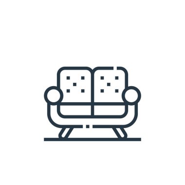 Mobilya konseptinden kanepe ikonu. Kanepe darbesinin ince bir çizgisi. İnternet ve mobil uygulamalarda kullanım için kanepe doğrusal işareti, logo, yazdırma ortamı.