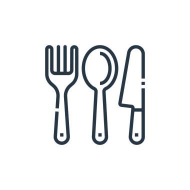 Yemek pişirme konseptinden çatal bıçak ikonu vektörü. Düzenlenebilir çatal bıçak darbesinin ince çizgisi. Web ve mobil uygulamalarda kullanmak için çatal bıçak doğrusal işareti, logo, yazdırma ortamı.